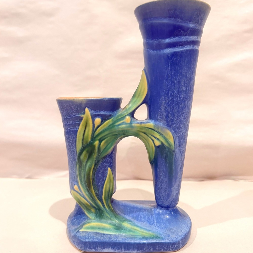 Roseville Velmoss II Double Bud Vase Cobalt Blue Art Pottery Shape 36 1935